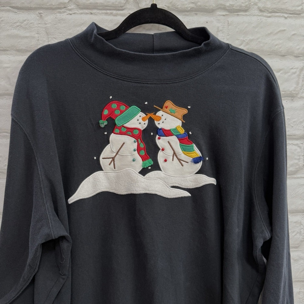 Vtg Bechamel‎ Christmas Embroidered Shirt Snowmen Woman's  XL Black Long Sleeve